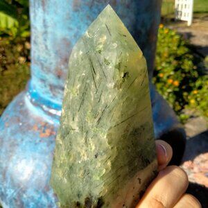 Prehnite Crystal free standing Tower with tourmaline infusions